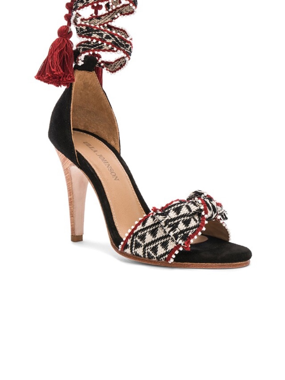 Ulla Johnson Emmeline Black Suede Bow Ankle-Tie Heels with Red Tassels